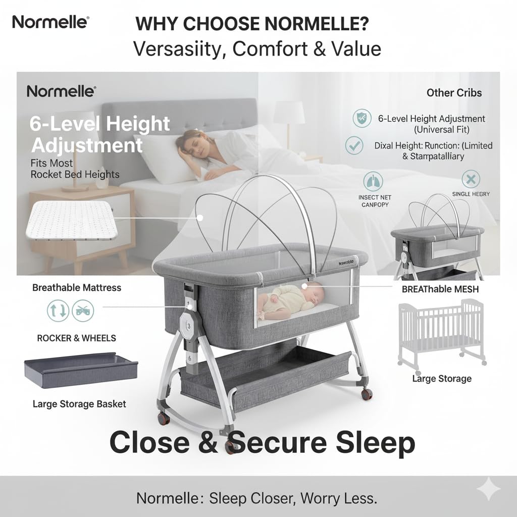 Baby Cot Bed Bassinet with Mattress and Mosquito Net | 3-in-1 Adjustable Bedside Co-Sleeper with 6-Height Settings, 360° Wheels & Storage Basket for 0-18 Months Babies Grey - Image 7