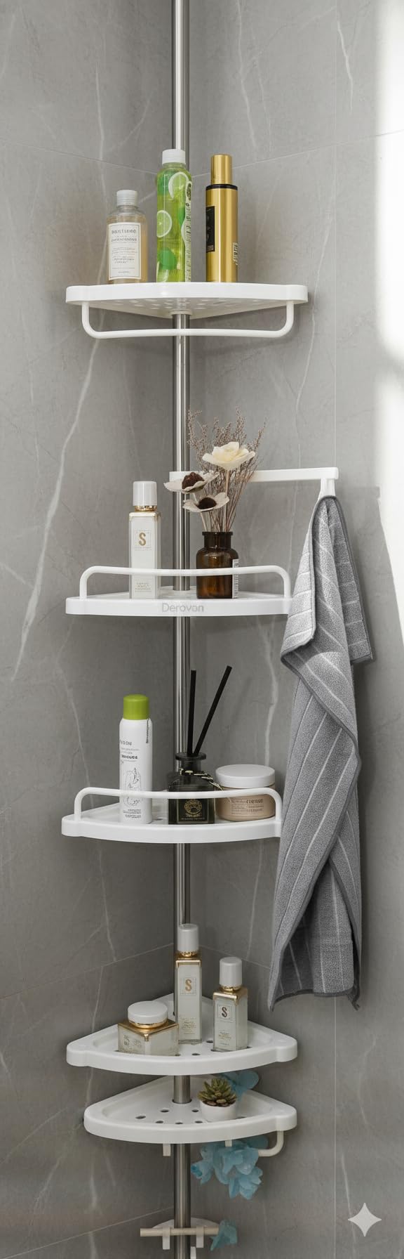 4‑Tier Tension‑Pole Corner Shower Caddy – Height‑Adjustable 150‑280 cm Rust‑Resistant 304 Stainless Organizer with Hooks & Drainable Shelves - Image 2