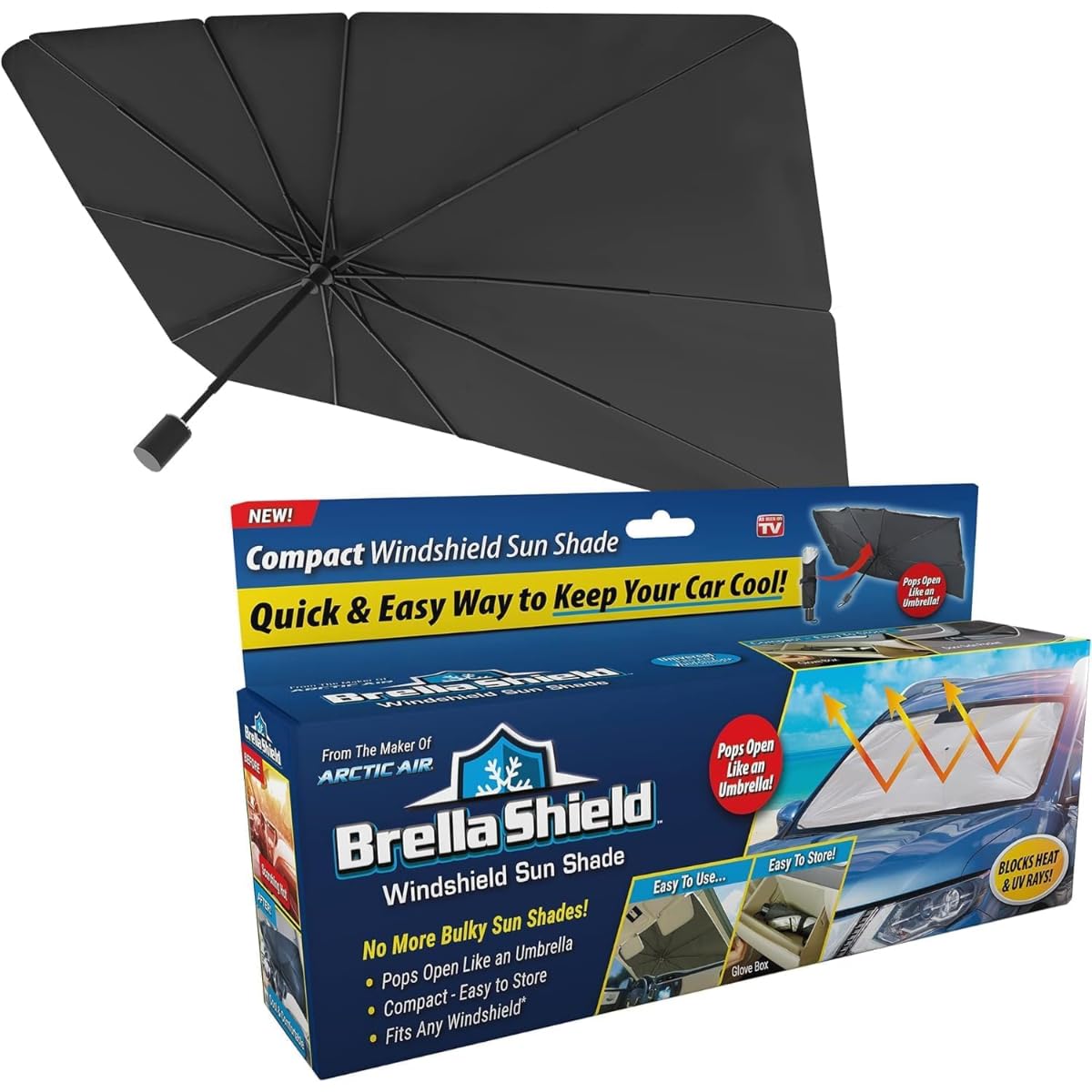 New Brella Shield by Arctic Air, Best Car Windshield Sun Shade for UV Protection, Heat Reduction (31x57"), Universal Fit, Easy Install, Durable, Compact, Portable