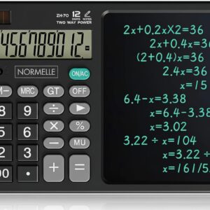 12-Digit Desktop Calculator with Writing Tablet – Solar & Battery Powered Standard Function Office Calculator with LCD Display & Erasable Notepad – Portable for Students, Home, School, Office