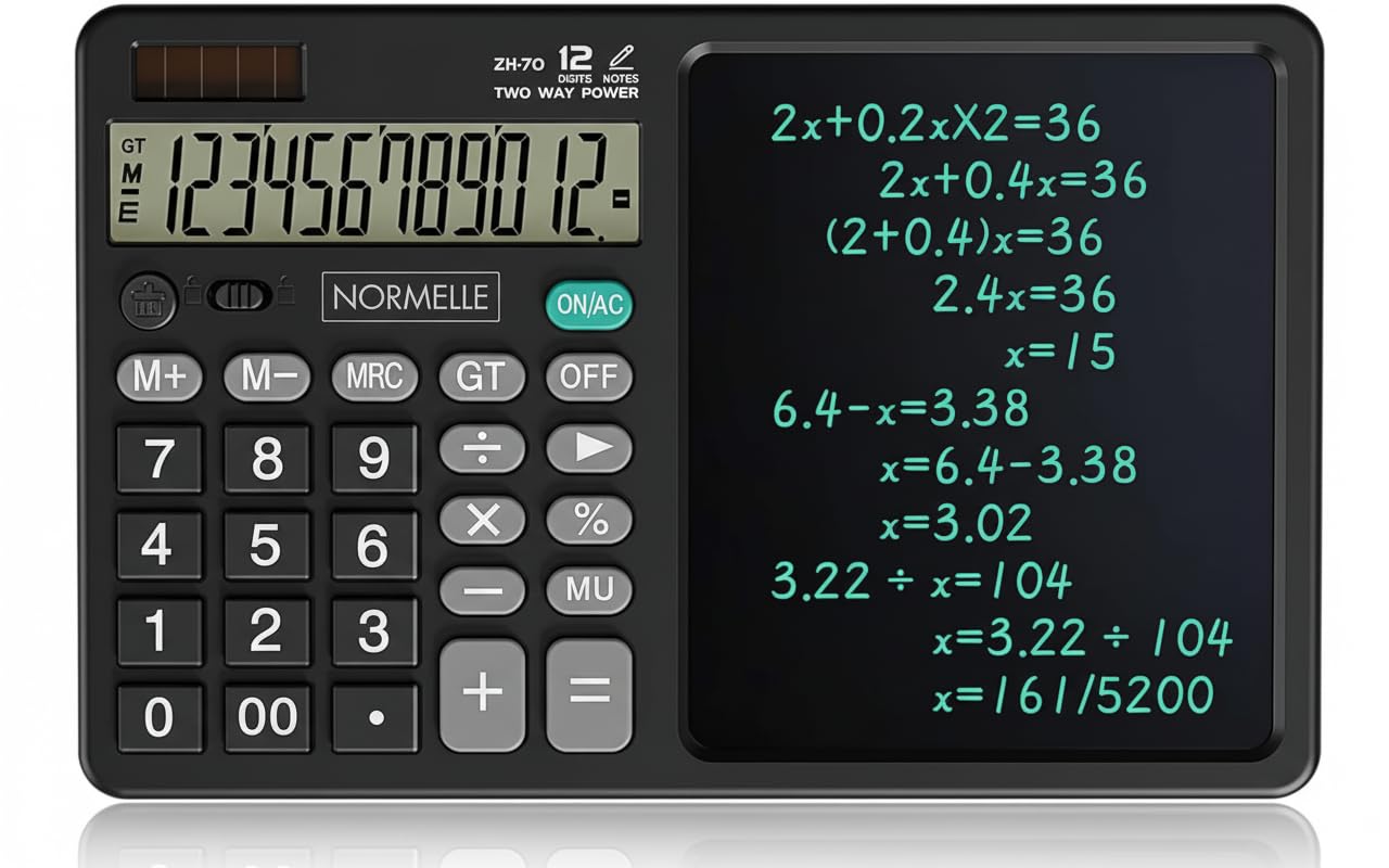 12-Digit Desktop Calculator with Writing Tablet – Solar & Battery Powered Standard Function Office Calculator with LCD Display & Erasable Notepad – Portable for Students, Home, School, Office