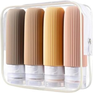Travel Bottles Set / 4 Leakproof Silicone Containers for Shampoo, Lotion & Toiletries with TSA-Approved Clear Bag