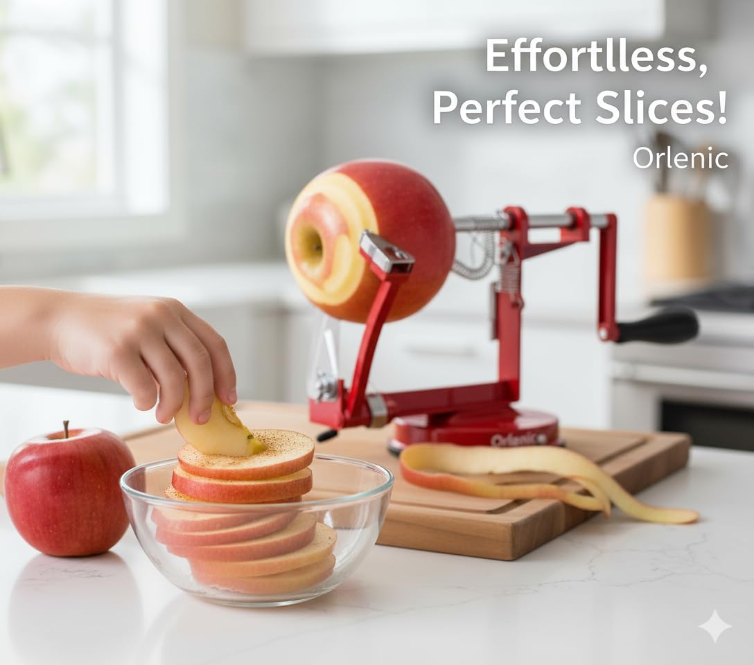 Apple Peeler Corer Slicer Machine with Suction Base – Heavy Duty Cast Iron Spiralizer with Stainless Steel Blades – Rotating Hand Crank Tool for Apples, Potatoes, Fruits, Vegetables – Red - Image 2