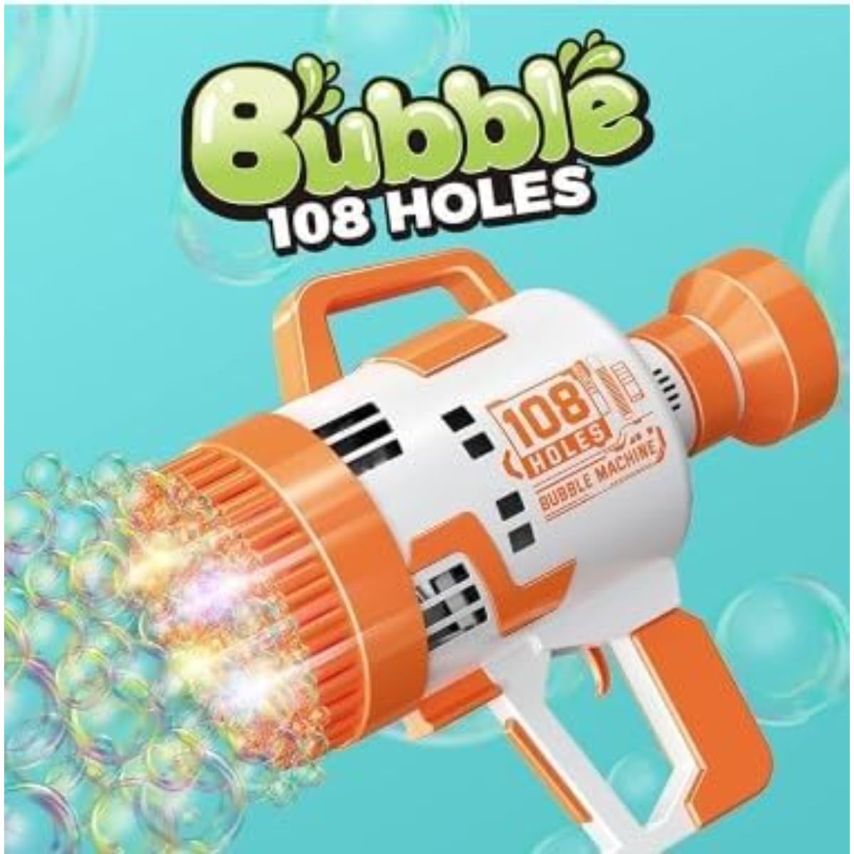 108-Hole Bubble Machine Gun, Battery-Operated Light-Up Bubble Maker for Kids, Indoor & Outdoor Fun, Vibrant Orange Excitemen - Image 2