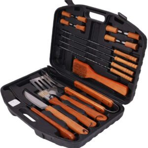 Wooden Handle BBQ 19-Piece Tool Set with Case, Easy to carry, Easy to use, Hustle free, Wood and stainless steel material, Perfact set with all the neccessory tools, essential for seamless barbecuing