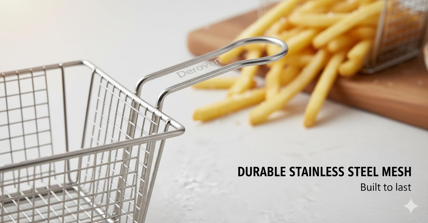 Stainless Steel Fryer Basket – Square Wire Mesh Serving Basket for French Fries, Chips, Snacks & Appetizers – Mini Silver Restaurant-Style Food Presentation - Image 3