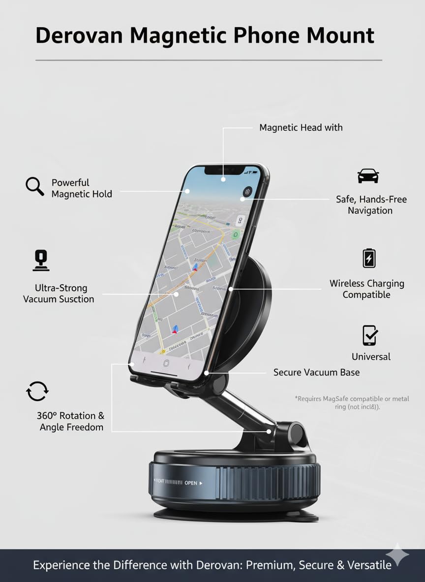 Magnetic Suction Phone Holder – Adjustable Vacuum Suction Cup Mount Compatible with MagSafe iPhone & Android – Hands‑Free 360° Magnetic Grip for Car, Gym, Mirror & Smooth Surfaces - Image 7
