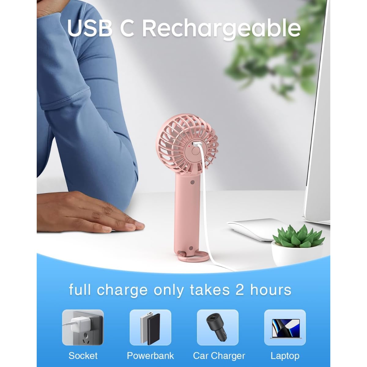 Portable Handheld Fan/USB Rechargeable, 3-Speed Powerful Airflow, Mini Personal Cooling Solution, Beat the Heat Anywhere, Perfect for Travel, Office, or Outdoor Use – Compact & Lightweight (Pink) - Image 3