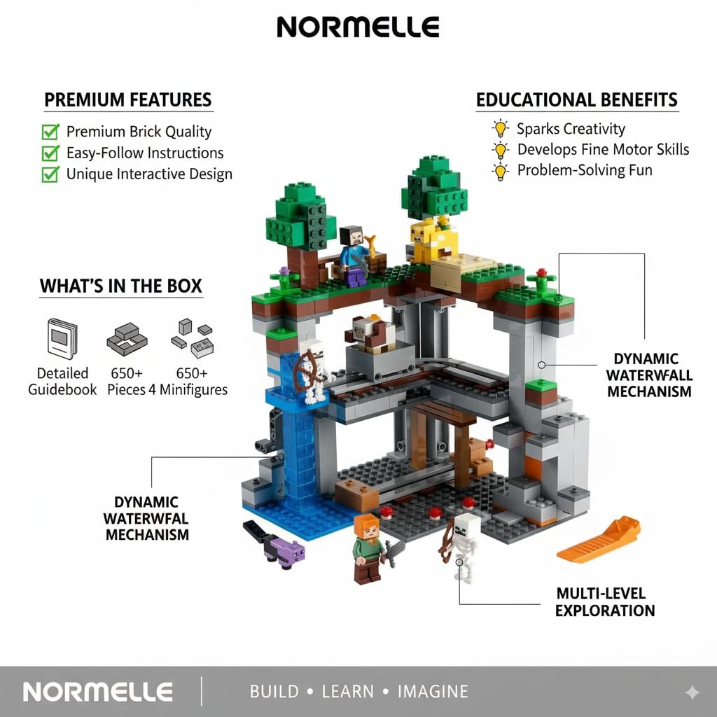The First Adventure 21169 Building Kit, Creative Construction Set with Steve, Alex, Skeletons, Dyed Cat, Horned Sheep, Moobloom, Waterfall Elevator, Collapsible Rail Tracks, Sliding Earth Blo - Image 3