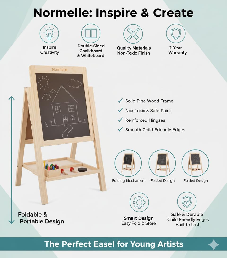 Foldable Wooden Easel Board for Kids | Double-Sided Blackboard & Whiteboard with Chalk, Marker, Eraser, Storage Tray | Adjustable Stand Art & Drawing Board for Toddlers 3+ Years - Image 6
