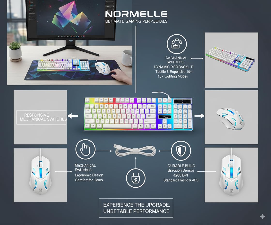 Wired Gaming Keyboard and Mouse Combo with 104 Keys, Mechanical Feel, LED Backlit Keyboard and Ergonomic Mouse, USB Computer Keyboard Set for Windows Desktop Laptop PC – White - Image 2