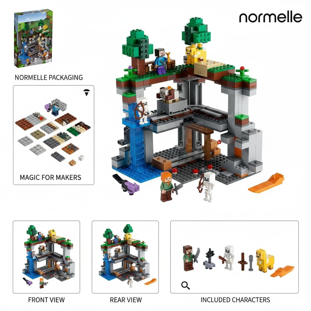 The First Adventure 21169 Building Kit, Creative Construction Set with Steve, Alex, Skeletons, Dyed Cat, Horned Sheep, Moobloom, Waterfall Elevator, Collapsible Rail Tracks, Sliding Earth Blo - Image 4