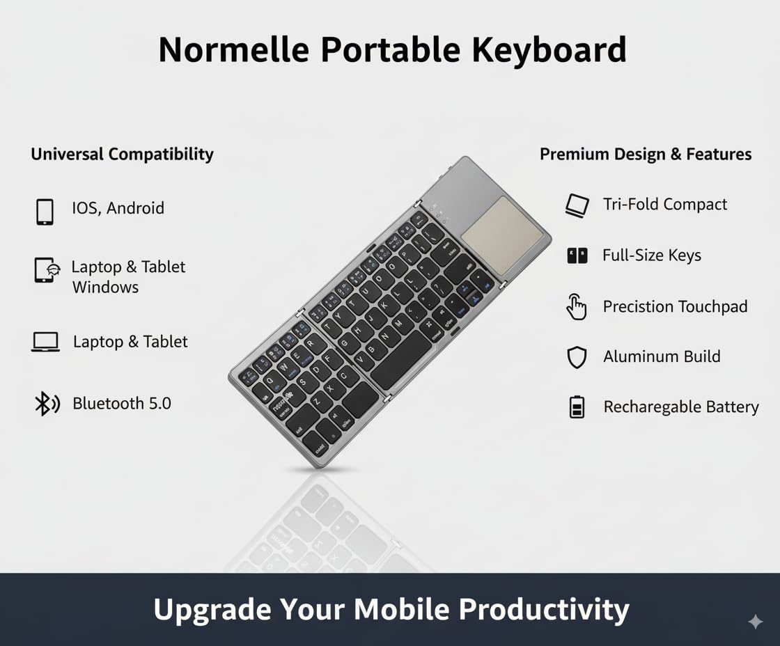 Foldable Bluetooth Keyboard with Touchpad, Portable Wireless Mini Keyboard for PC, Tablet, Smartphone, Android, iOS, Smart TV, Rechargeable, Ergonomic Compact Design, Dark Gray - Image 5