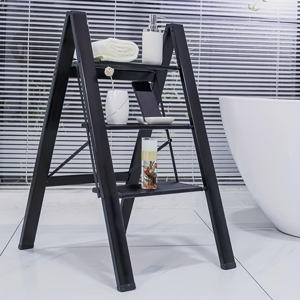 3 Step Ladder Aluminum Folding Step Stool/ 300 lb Capacity, Lightweight Portable Ladder with Wide Anti-Slip Pedals for Home Kitchen Office/Stylish Black, Safety Lock, Space-Saving Design - Image 4