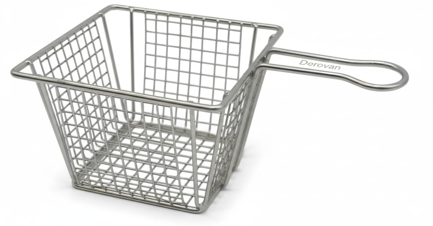 Stainless Steel Fryer Basket – Square Wire Mesh Serving Basket for French Fries, Chips, Snacks & Appetizers – Mini Silver Restaurant-Style Food Presentation
