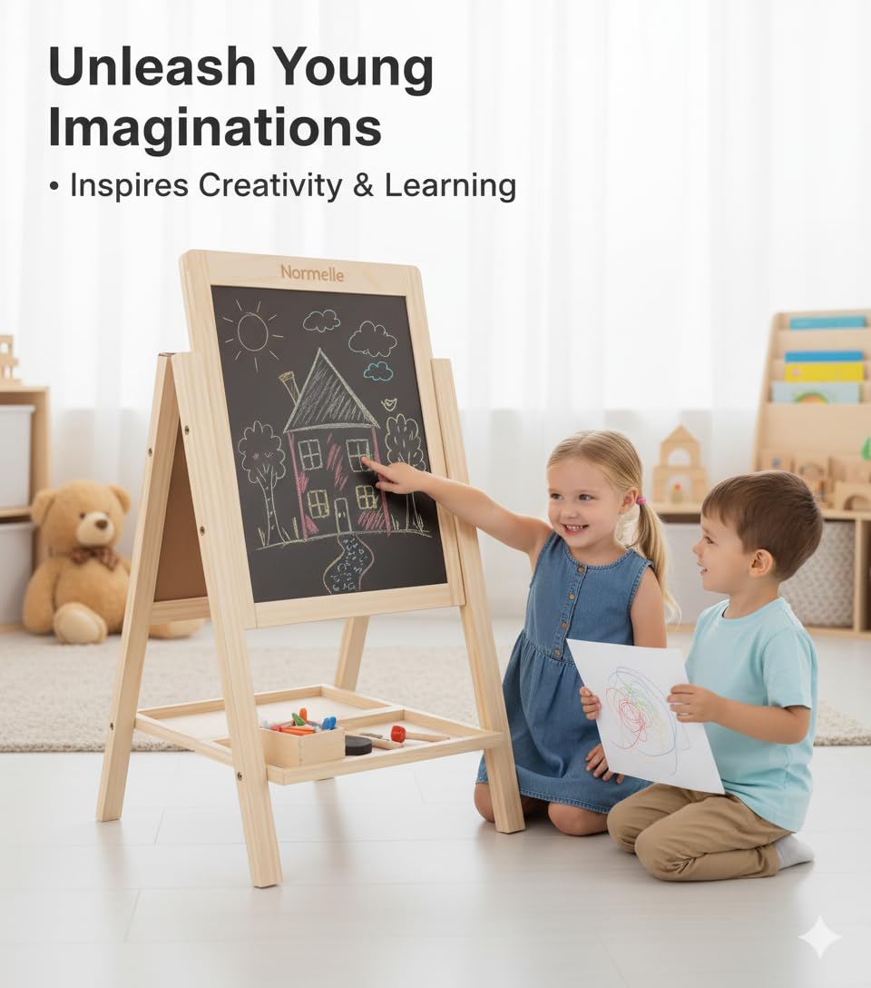 Foldable Wooden Easel Board for Kids | Double-Sided Blackboard & Whiteboard with Chalk, Marker, Eraser, Storage Tray | Adjustable Stand Art & Drawing Board for Toddlers 3+ Years - Image 3