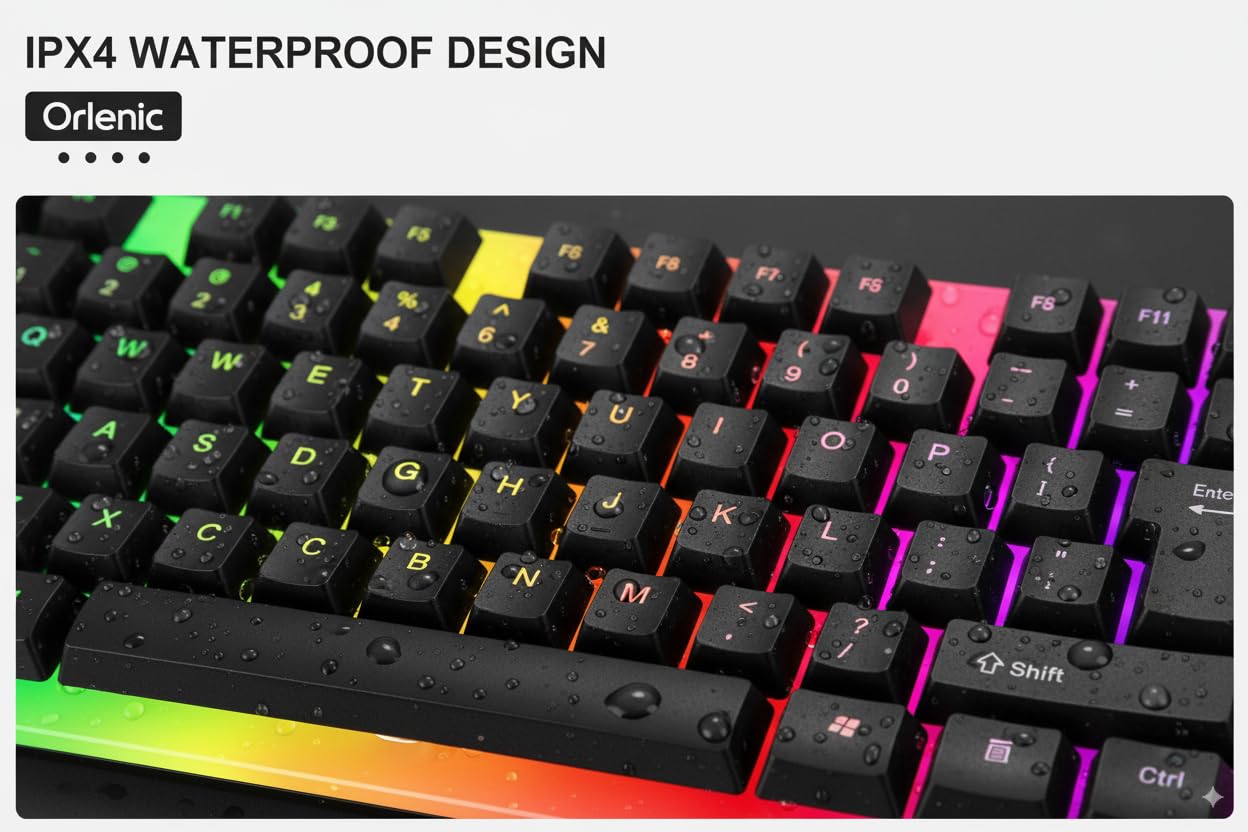 Wired Keyboard and Mouse Set with Rainbow Backlight, Spanish 104 Keys Gaming Office Combo, Mechanical Feel Floating Keycaps, USB Ergonomic Computer Keyboard Mouse for PC Desktop Laptop - Image 3
