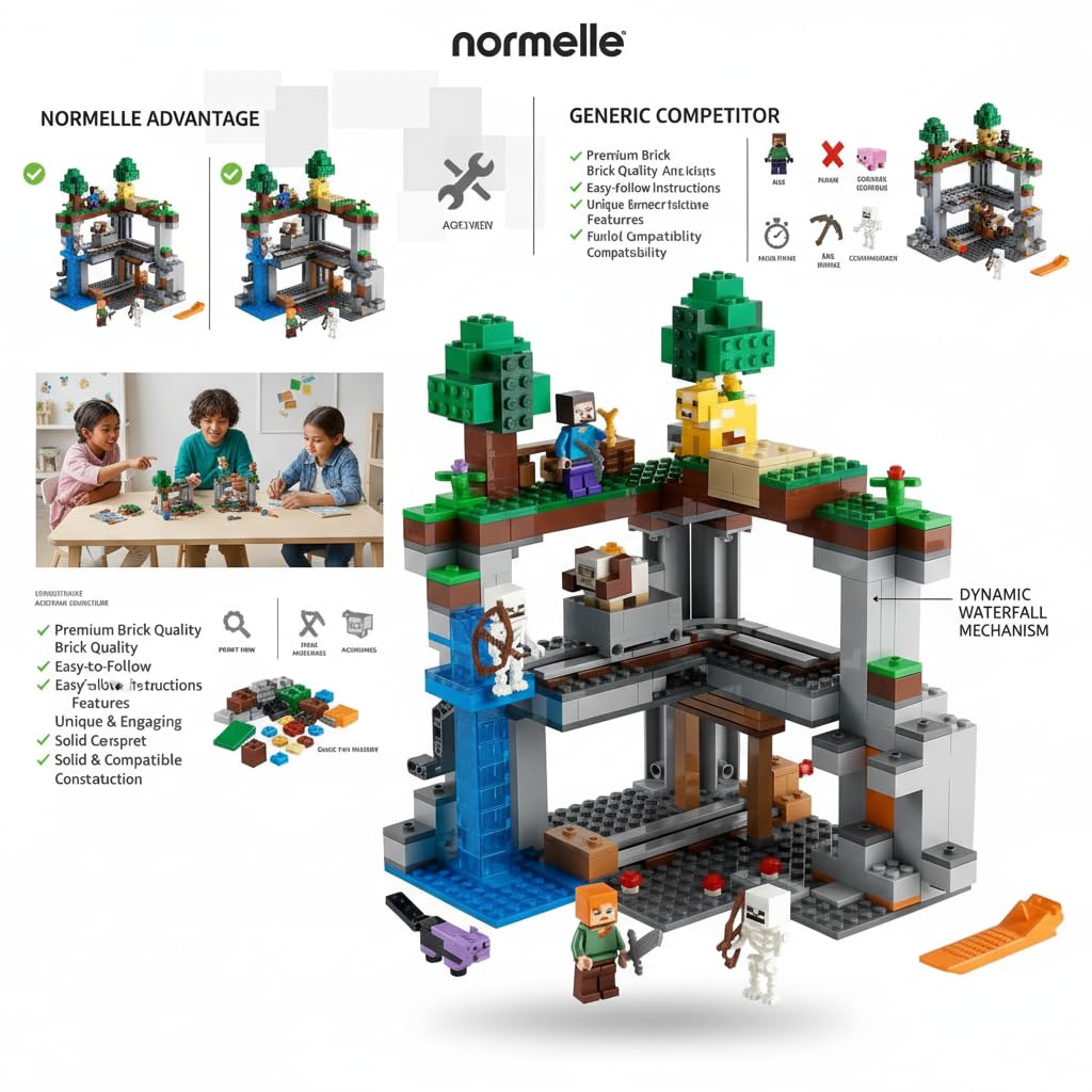 The First Adventure 21169 Building Kit, Creative Construction Set with Steve, Alex, Skeletons, Dyed Cat, Horned Sheep, Moobloom, Waterfall Elevator, Collapsible Rail Tracks, Sliding Earth Blo - Image 2