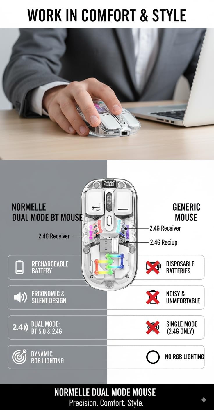 Wireless Gaming Mouse with RGB Lighting, 2.4G USB and Bluetooth Connectivity, Silent Clicks, Adjustable DPI, Rechargeable Battery, Transparent Shell, Magnetic Design - Image 7