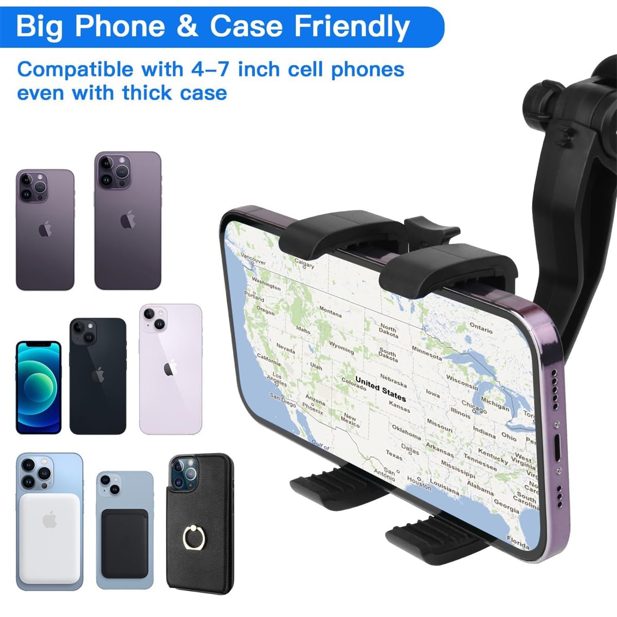 universal rearview mirror phone mount – 360° adjustable rotating car holder, four-point secure grip, hands-free driving support, strong ABS clamp for daily commuting, ride share, road trips - Image 4