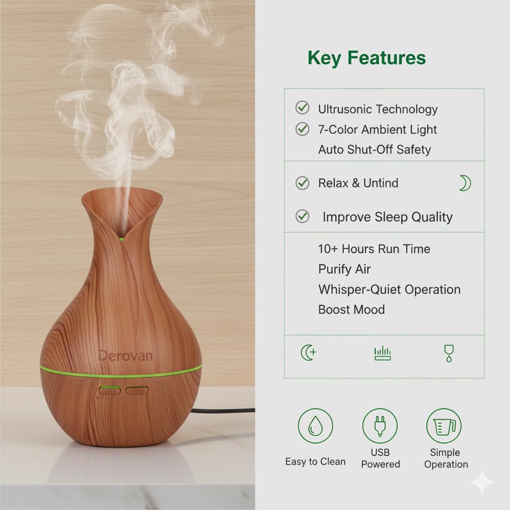 Wooden Cool Mist Humidifier & Aroma Diffuser – 7‑Color LED Flame Night Light, Compact Nano Mist for Cars, Offices, Bedrooms & Baby Rooms - Image 6