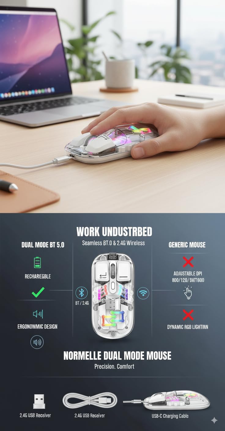 Wireless Gaming Mouse with RGB Lighting, 2.4G USB and Bluetooth Connectivity, Silent Clicks, Adjustable DPI, Rechargeable Battery, Transparent Shell, Magnetic Design - Image 6