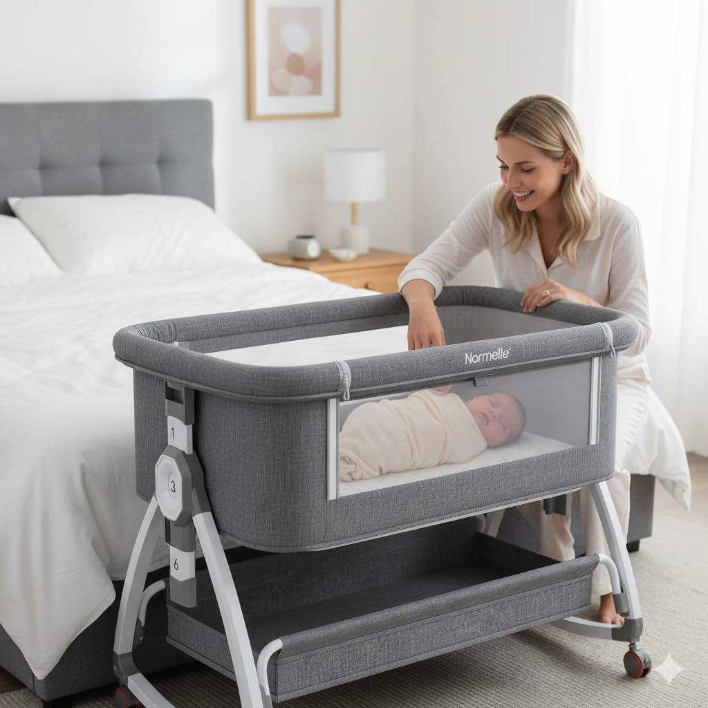Baby Cot Bed Bassinet with Mattress and Mosquito Net | 3-in-1 Adjustable Bedside Co-Sleeper with 6-Height Settings, 360° Wheels & Storage Basket for 0-18 Months Babies Grey - Image 2
