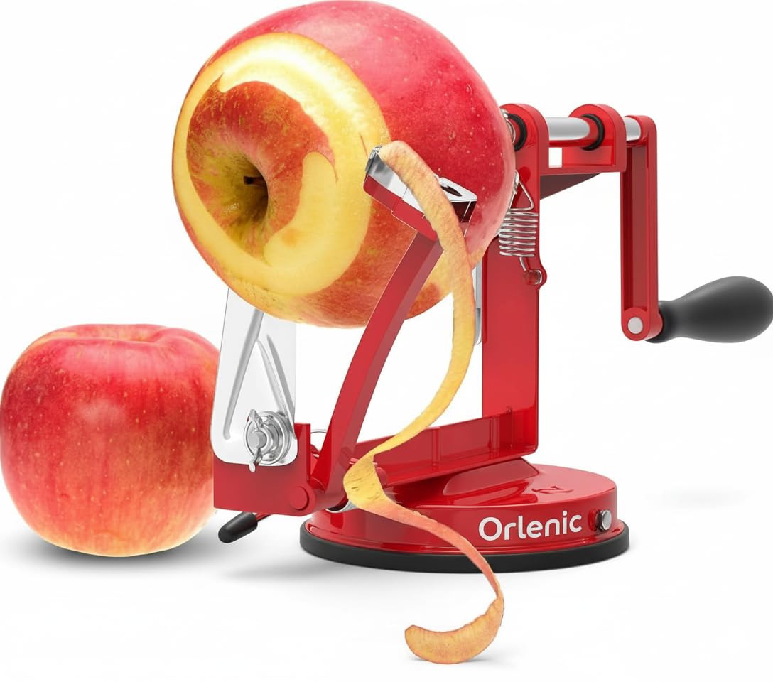 Apple Peeler Corer Slicer Machine with Suction Base – Heavy Duty Cast Iron Spiralizer with Stainless Steel Blades – Rotating Hand Crank Tool for Apples, Potatoes, Fruits, Vegetables – Red