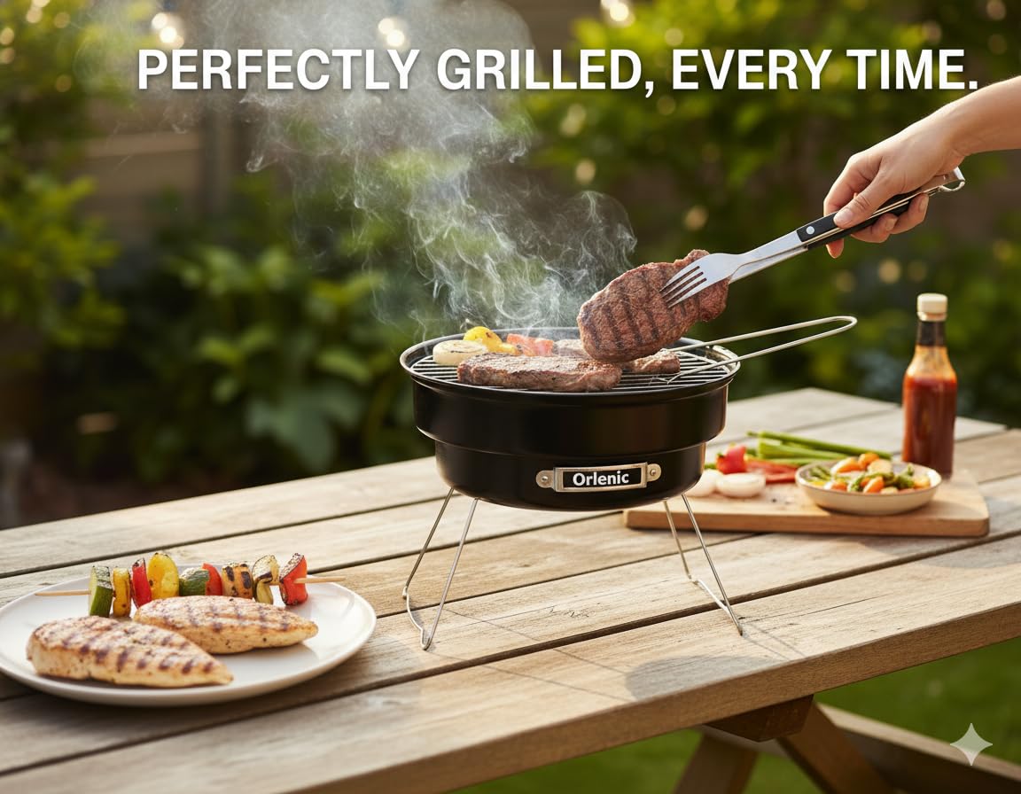 Portable Round Charcoal BBQ Grill – Compact Outdoor Barbecue with Chrome Plated Grates & Enameled Fire Bowl – Camping, Garden, Beach & Picnic Cooking – Easy Fold & Carry - Image 4