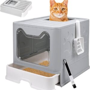 Enclosed Foldable Cat Litter Box with Slide-Out Tray & Scoop – Top Exit to Reduce Mess, Front Entry for Easy Access – Odor Control Cat Toilet for Large Cats & Small Homes
