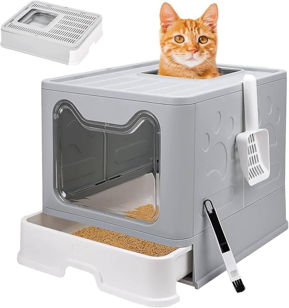 Enclosed Foldable Cat Litter Box with Slide-Out Tray & Scoop – Top Exit to Reduce Mess, Front Entry for Easy Access – Odor Control Cat Toilet for Large Cats & Small Homes