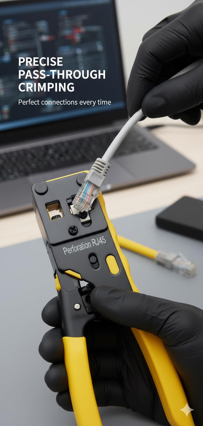 7 Wire Crimper Pass Through Crimping Tool – Multi-Function Ethernet Cable Crimping Pliers with RJ45 RJ11 Cutter Stripper – Heavy Duty Ratchet Network Cable Tool for RJ12 RJ45 RJ11 - Image 2