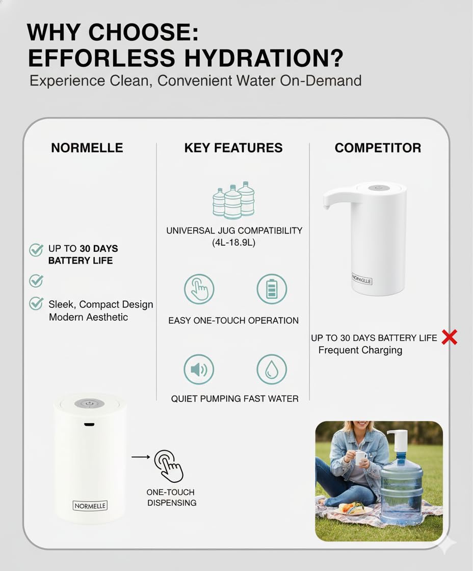 Electric Drinking Water Bottle Pump – Portable Automatic Water Dispenser for 5 Gallon Bottle – USB Rechargeable Intelligent Water Pump for Home, Office, Camping – Fits 4L–18.9L Bottles - Image 6