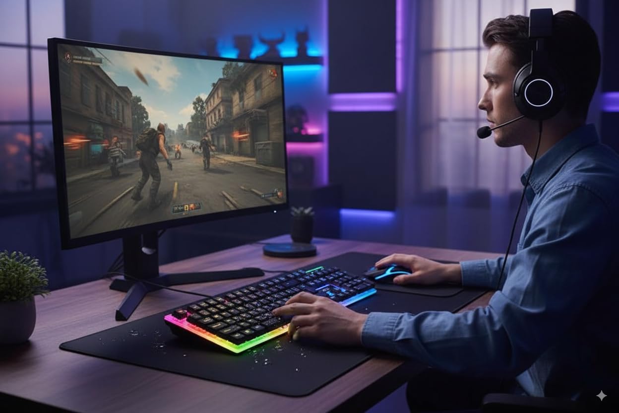 Wired Keyboard and Mouse Set with Rainbow Backlight, Spanish 104 Keys Gaming Office Combo, Mechanical Feel Floating Keycaps, USB Ergonomic Computer Keyboard Mouse for PC Desktop Laptop - Image 2