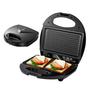 Sandwich, Grill & Waffle Maker - Interchangeable Non-Stick Plates, Indicator Lights, 700W Multifunctional Kitchen Appliance, Black Stainless Steel, 2 Slot Toaster Sandwich Maker