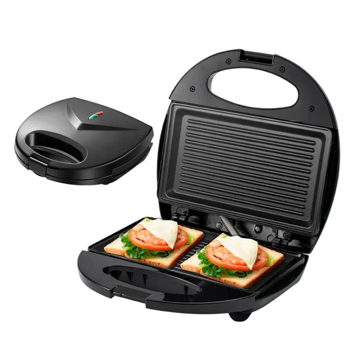 Sandwich, Grill & Waffle Maker - Interchangeable Non-Stick Plates, Indicator Lights, 700W Multifunctional Kitchen Appliance, Black Stainless Steel, 2 Slot Toaster Sandwich Maker
