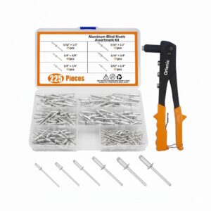 225pcs Aluminum Blind Rivets Assortment Kit with Heavy Duty Hand Riveter Tool, 6 Sizes Pop Rivets with 4 Nosepieces and Storage Case for Metal Sheet, Automotive, DIY, Plumbing