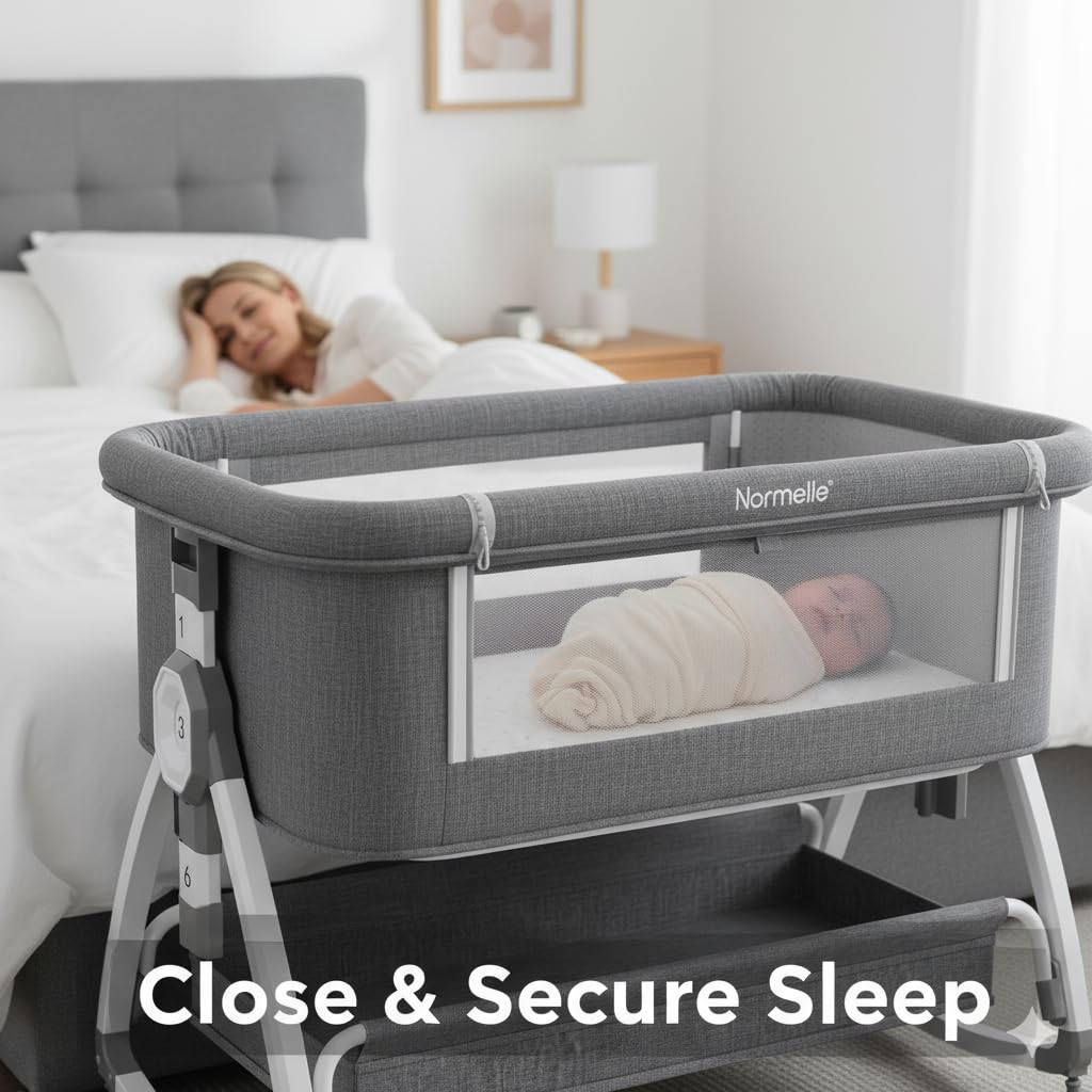 Baby Cot Bed Bassinet with Mattress and Mosquito Net | 3-in-1 Adjustable Bedside Co-Sleeper with 6-Height Settings, 360° Wheels & Storage Basket for 0-18 Months Babies Grey - Image 3