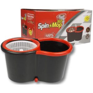 360 Degree Spin Mop Bucket Set with Stainless Steel Handle, 2 Microfiber Pads – Easy Clean for Hardwood, Tile, Marble Floors, Red