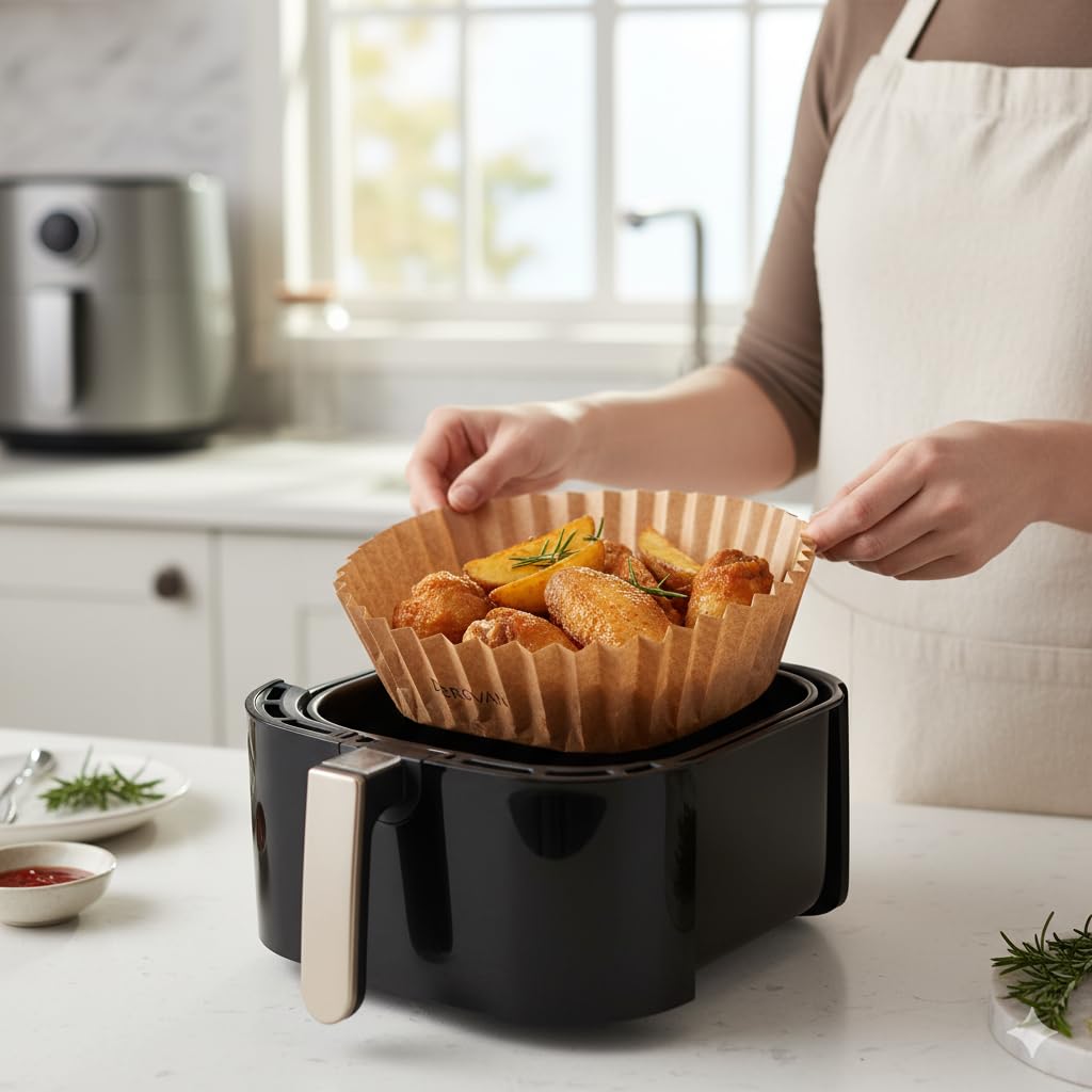 Disposable Air Fryer Baking Paper 20 cm (100 Sheets) – Food-Grade, Unbleached Parchment Paper with 4.5 cm Raised Rim, Oil‑Resistant, Waterproof, Non‑Stick, Eco‑Friendly - Image 3