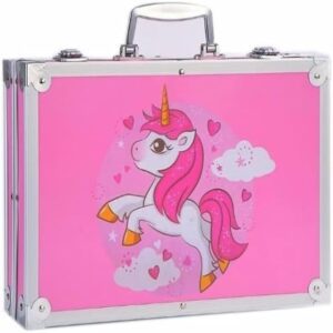 Deluxe 145-Piece Art Set for Kids/Pink Unicorn Horse Drawing & Painting Kit with Portable Aluminum Case, Includes Colored Pencils, Watercolor Paints, Brushes, Sketching Tools