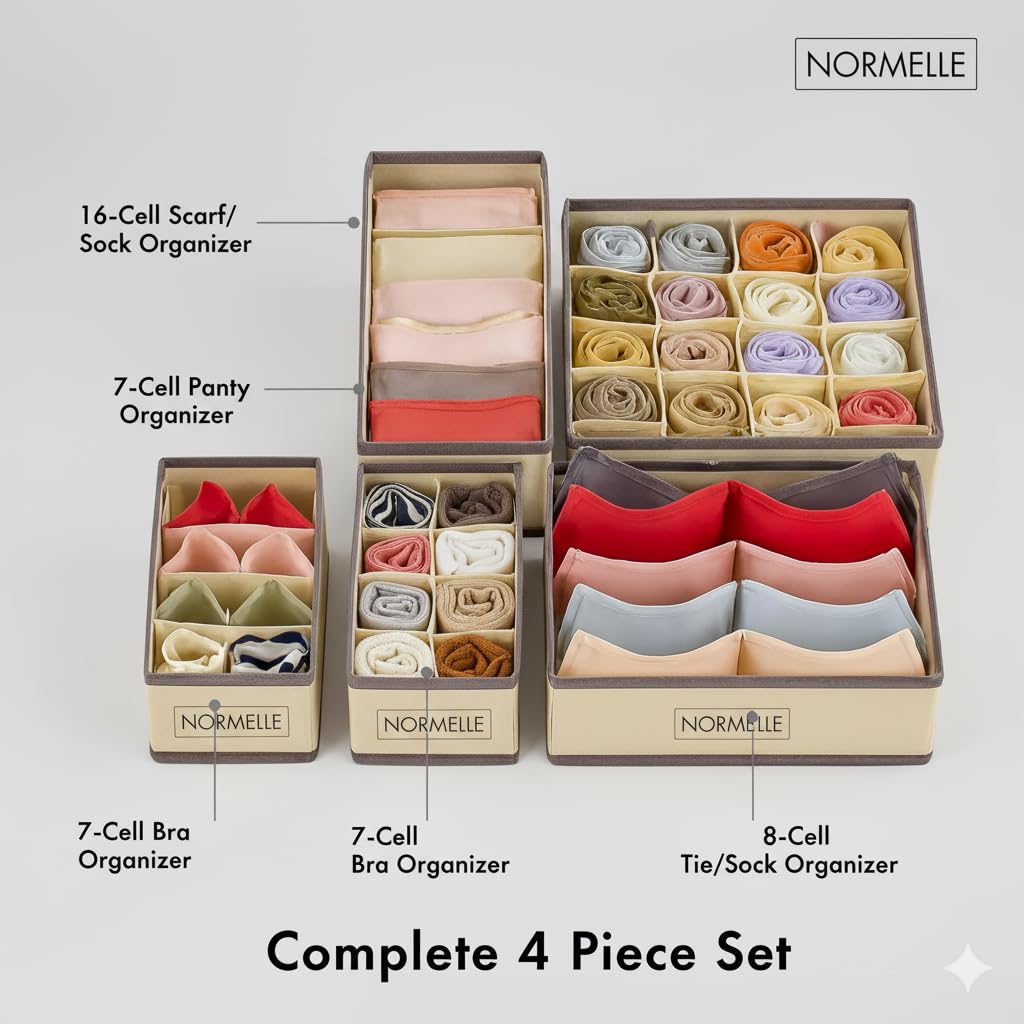 4 Pcs Foldable Clothes Drawer Organizer Set – Closet Storage Bins for Bras, Underwear, Socks, Lingerie, Scarves – Non-Woven Fabric Drawer Dividers for Dresser Cabinet – Khaki - Image 5
