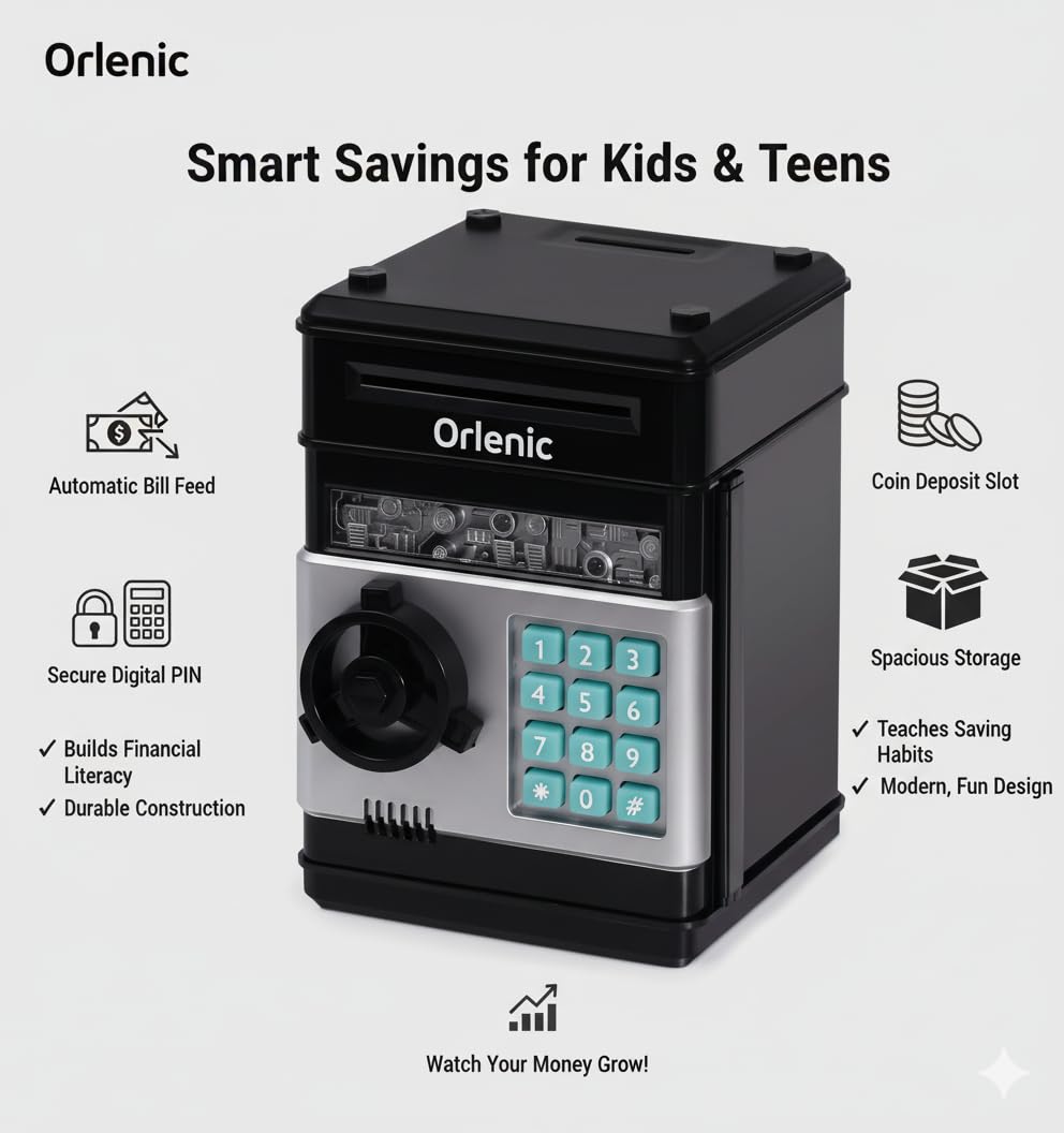 Kids Electronic Piggy Bank ATM for Boys Girls Age 3-12 – Password Protected Money Safe with Lights Sound – Mini Cash Coin Saving Box Toy with Auto Note Slot – Birthday Gift for Children Black - Image 6