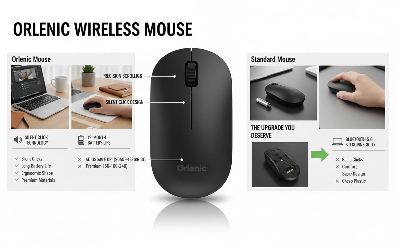 Wireless Mouse Lite 2.4G & Bluetooth Dual Mode, Ergonomic PC Mouse with Silent Click, Optical Sensor, Adjustable DPI, Portable Laptop Mouse for Windows Mac Computer Gaming – Black - Image 7