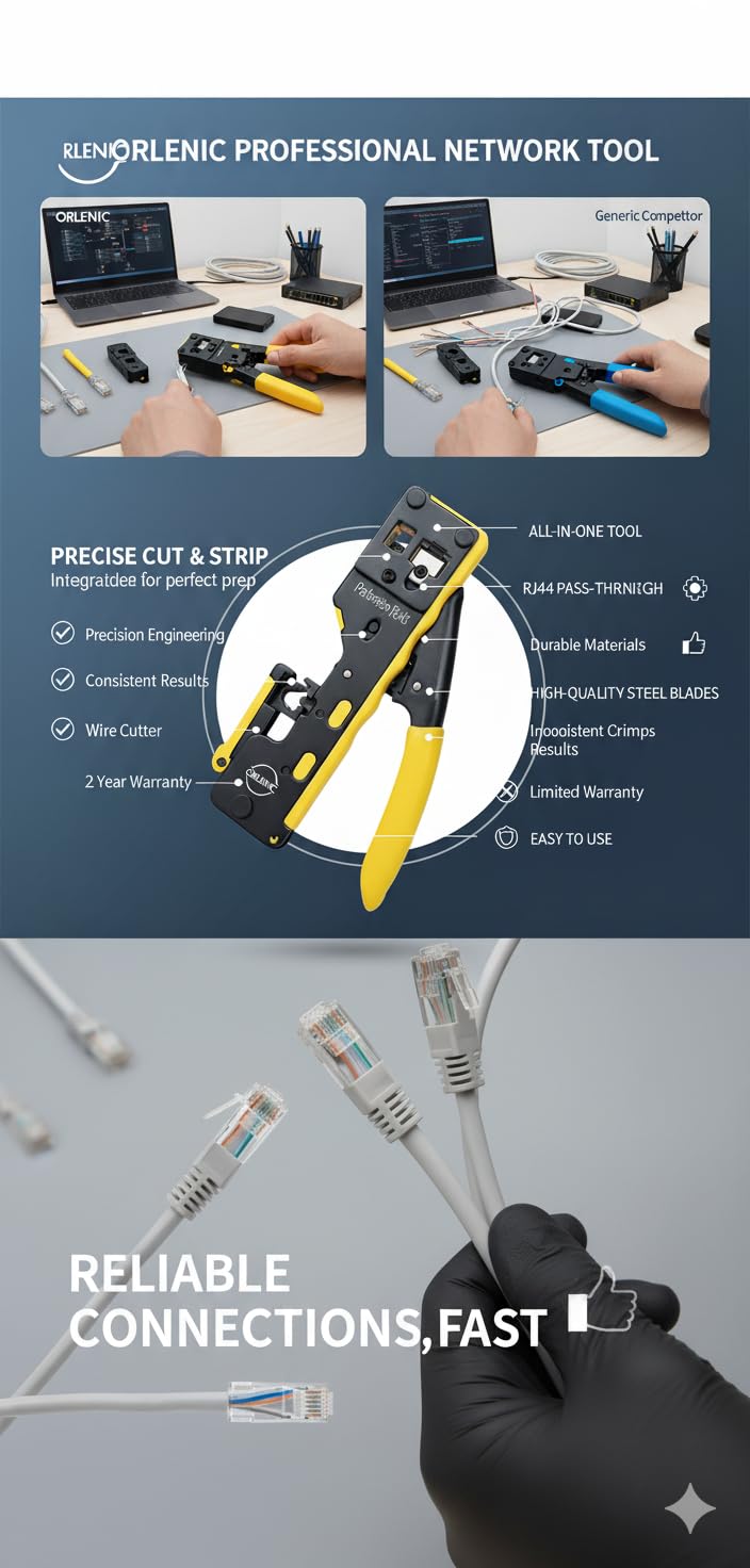 7 Wire Crimper Pass Through Crimping Tool – Multi-Function Ethernet Cable Crimping Pliers with RJ45 RJ11 Cutter Stripper – Heavy Duty Ratchet Network Cable Tool for RJ12 RJ45 RJ11 - Image 7