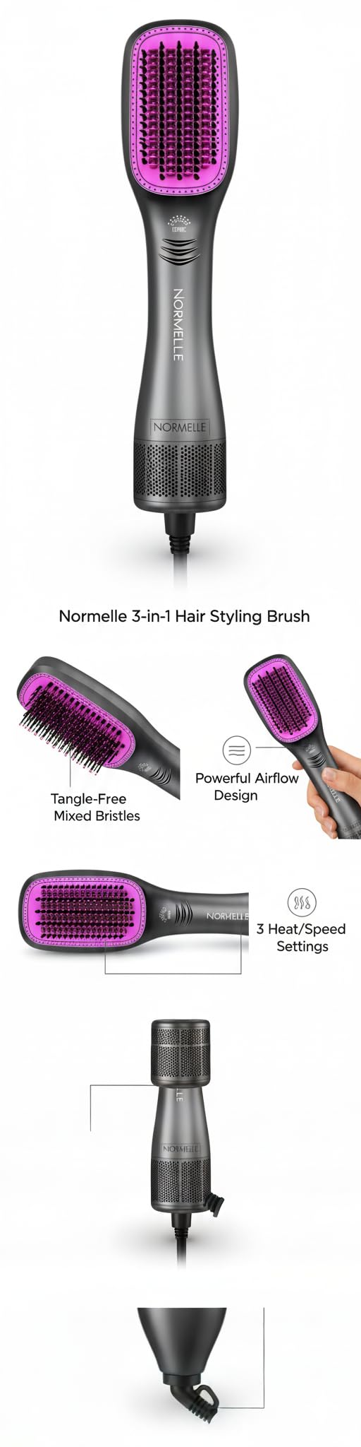 3-in-1 Hair Dryer Brush & Straightener, 1200W Ceramic Tourmaline Ionic Hot Air Brush with 3 Heat/2 Speed Settings, One-Step Hair Dryer and Styler for All Hair Types, Purple - Image 7