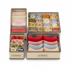 4 Pcs Foldable Clothes Drawer Organizer Set – Closet Storage Bins for Bras, Underwear, Socks, Lingerie, Scarves – Non-Woven Fabric Drawer Dividers for Dresser Cabinet – Khaki