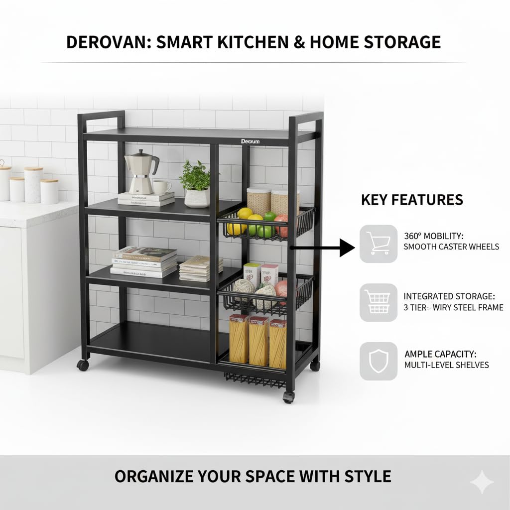 4‑Tier Heavy‑Duty Metal Shelf Rack with Slide‑Out Baskets & Lockable Wheels – Adjustable Shelving for Kitchen, Living Room, Garage - Image 7