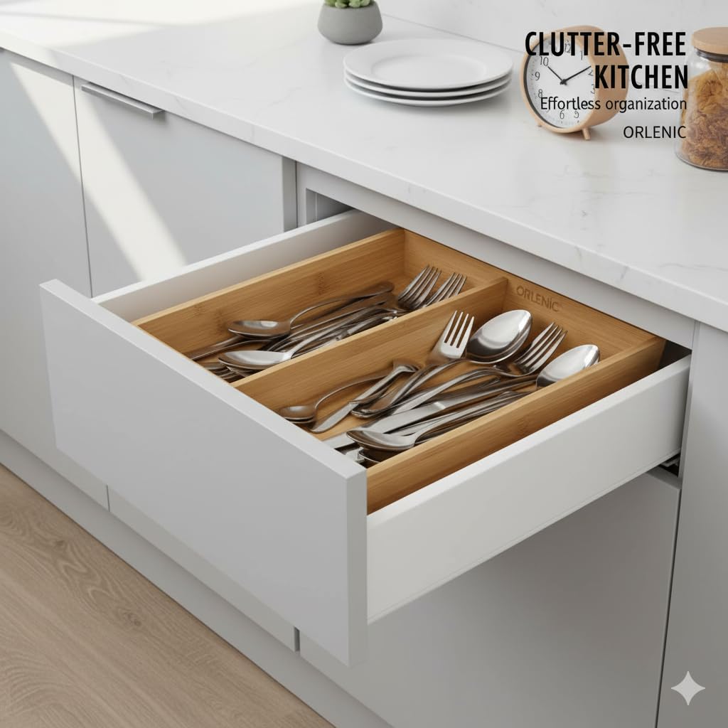 Bamboo Kitchen Drawer Tool Organizer – Rectangular Cutlery Tray for Utensils, Spoons, Forks & Tools | Natural Wooden Storage Box with Compartments for Home, Office & Desk Organization - Image 4
