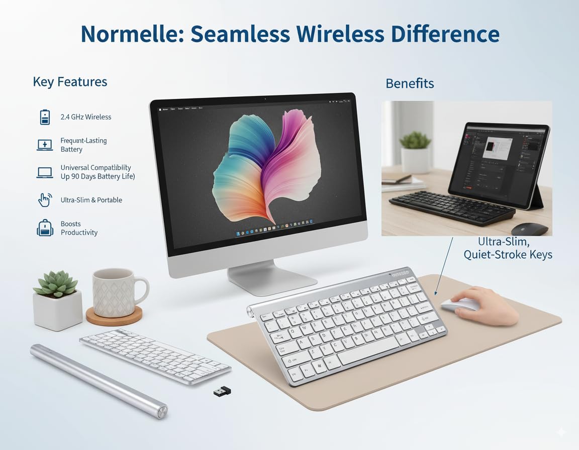 2.4GHz Wireless Keyboard and Mouse Combo Ultra Slim Portable Keyboard with USB Receiver Compatible with Laptop Desktop PC Mac Tablet Windows XP/Vista/7/8/10/11 Android OS – Silver White - Image 3